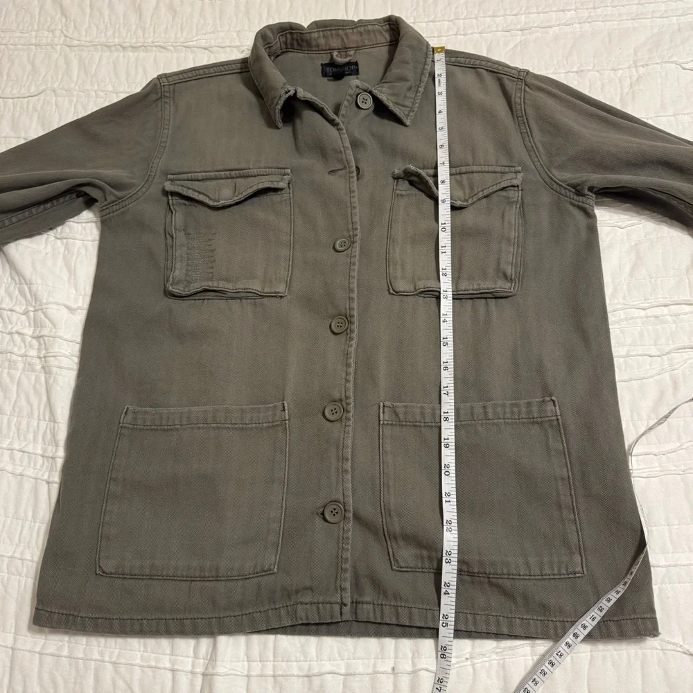 Topshop Army Green Distressed Utility Jacket Button Up 100% Cotton Size 6